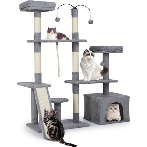 COSTWAY Cat Tree 136cm Gray Multi Tier Playhouse with Scratching Posts Ramp Condo Grey (1/5)