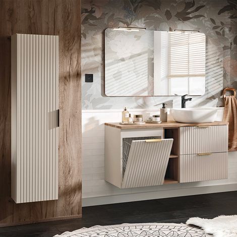 Ensemble meuble simple vasque 120cm 2 niches panier à linge et colonne Adriel Cachemire et Bois (1/5)