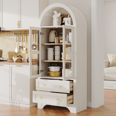 Meuble haut avec étagères et tiroirs réglables, armoire de cuisine en verre transparent offrant un grand espace de rangement, idéal pour la salle à manger, le salon et la cuisine (blanc) (1/4)