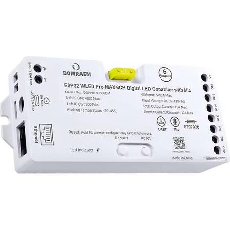 DOMRAEM ESP32Pro MAX WLED Contrôleur LED à pixels numériques 6 canaux Ethernet WiFi UART PDM Relais microphone Synchronisation musicale WS2812B pour Alexa-JBMEDIA (1/3)