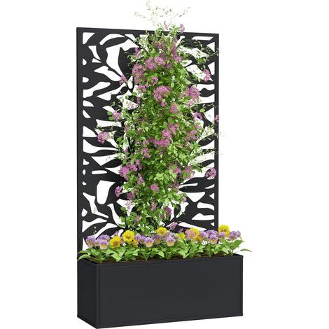 Pflanzgefäß mit Spalier, großer rechteckiger Blumenkasten, Metall-Sichtschutzpaneel, 61 x 23 x 113 cm, schwarz (1/5)