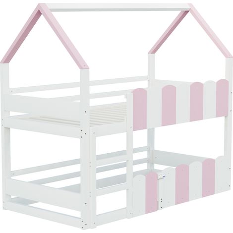 Lit superposé enfant 90 x 200 cm design maison avec échelle, rose et blanc (1/5)
