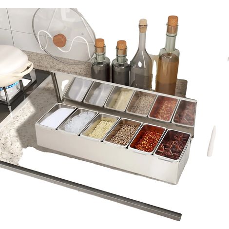 Recipiente para ingredientes, material de acero inoxidable, diseño de 6 secciones, dimensiones 46 x 15 x 8,8 cm, apto para lavavajillas, capacidad de 600 ml por compartimento. (1/5)