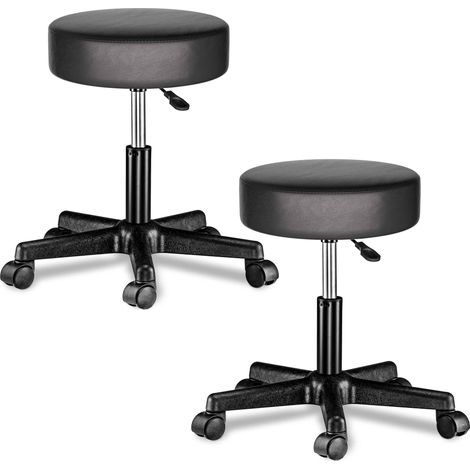 CASARIA® Taburete con ruedas altura regulable 46-60cm acolchado 10cm 360° Ø35cm Set de 2 Negro