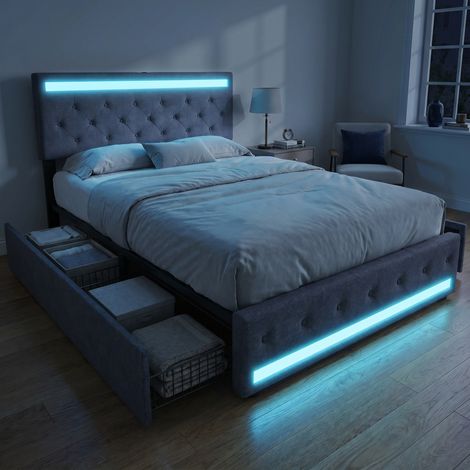 Lit adulte 180x200 cm avec 4 tiroirs, King Size, LED RGB, Lit double capitonné avec tête de lit réglable, en lin, Gris (1/5)