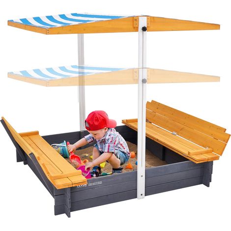Bac à sable en bois naturel avec auvent, 1455 x 1200 x 1200 mm, bac à sable avec banquettes pliables et doublure inférieure, pour jardin extérieur, plage, parc, cadeau pour enfants de 3 à 12 ans (1/5)
