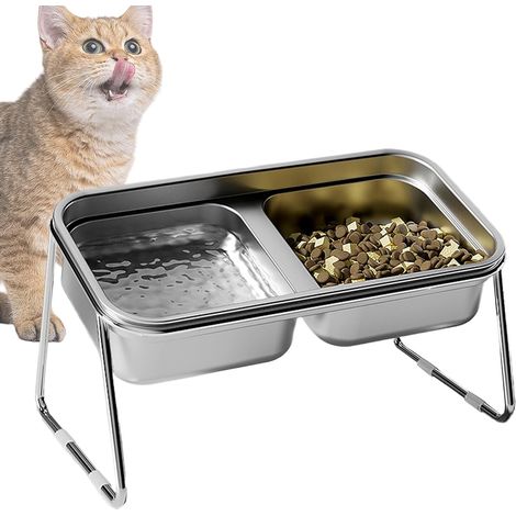 Gamelle surélevée pour chat, double gamelle surélevée en acier inoxydable, mangeoire inclinée à 15 degrés, gamelle pour nourriture et eau pour chats de petite, moyenne et grande taille, alimentation e (1/5)
