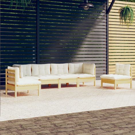 Salon de jardin 6 pcs Ensemble Table et Chaise de Jardin - avec coussins crème Bois de pin massif BV468039 - BonneVie (1/5)