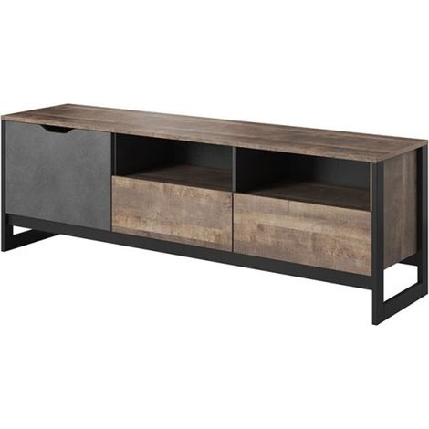 Tendencio – Meuble TV industriel 160 cm en bois avec 2 rangements ouverts et 3 fermés – Fabrication européenne – Garantie 2 ans
