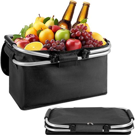Panier de courses pliable, 18 litres, sac isotherme, baguettes en aluminium, poignées et fermeture éclair, voyage, pique-nique (1/5)