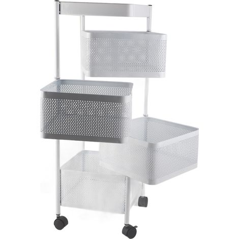 Rack Tournant 4 Niveaux Blanc pour Fruits et Légumes, Support de Rangement de Cuisine Métallique Stable avec Roulettes (1/5)