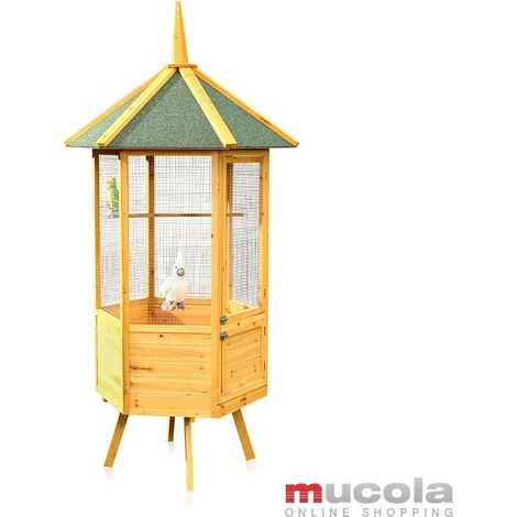 Mucola – Volière hexagonale en bois 194 cm – Cage à oiseaux XXL avec porte principale et tiroirs amovibles – Fil galvanisé résistant aux intempéries