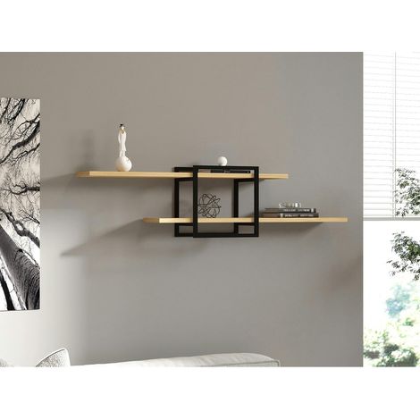 Étagère murale design effet bois clair - 1 cube, 2 plateaux JENA (1/5)
