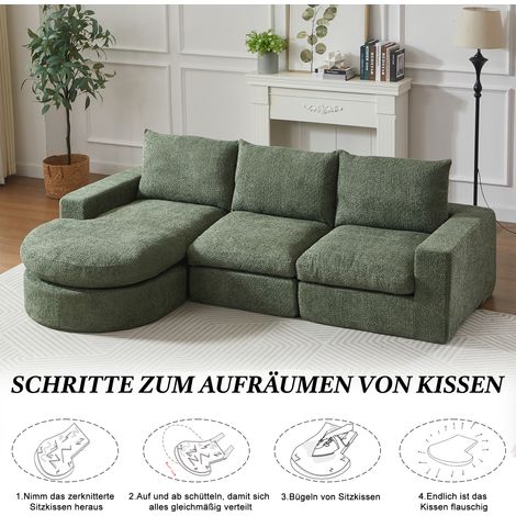 Canapé d'angle en tissu velours côtelé, éléments courbés avec méridienne, entièrement compressé sans structure, convertible modulable en L, assise en mousse dense W3349S00061 (1/5)