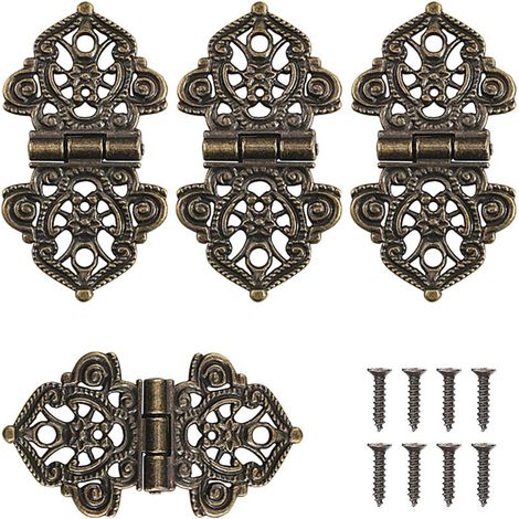 Lot de 4 charnières décoratives rétro en bronze antique avec vis de montage pour la décoration d'armoires, portes en bois, bibliothèques (1/5)