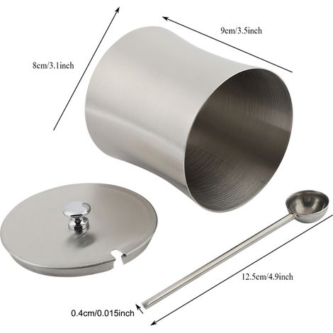 Pot en acier inoxydable pour sucre, épices, sel, poivre, condiments avec couvercle et cuillère (1/5)