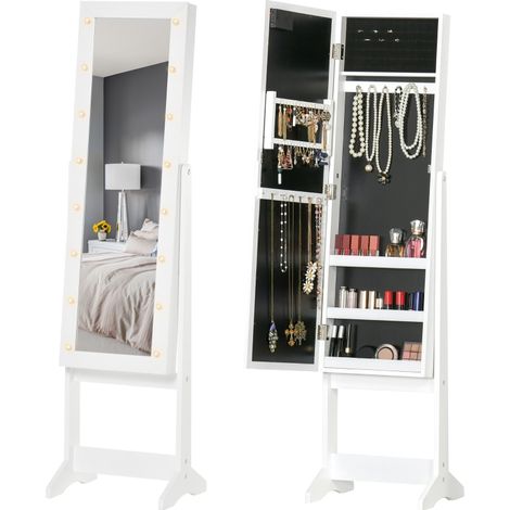 Free Standing LED Mirrored Jewelry Cabinet Armoire Floor Organiser W/ 3 Angle Adjustable For Rings Earrings Bracelets Cosmetics Warm White