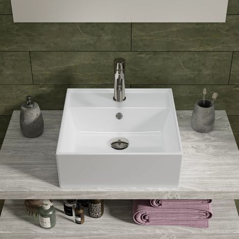 Lavabo à poser carré avec trop plein 40x40x14 5 cm Blanc (1/4)