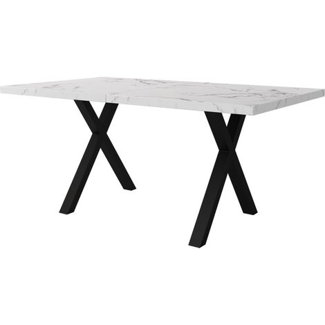 Tavolo rettangolare moderno in MDF e metallo, piano effetto marmo bianco, 140 x 80 x 76 cm (1/5)