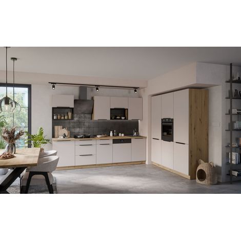 Küche SOLANO LOFT 280 + 180 cm Küchenzeile Küchenblock Einbauküche Kaschmir beige matt + Eiche Artisan matt (1/5)