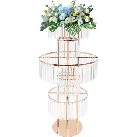 Supports à fleurs en métal à 5 niveaux, présentoir décoratif doré avec pendentifs cristal, centres de table de mariage, pour banquet, fête, événement et réception (110 cm hauteur, base ronde) (1/5)