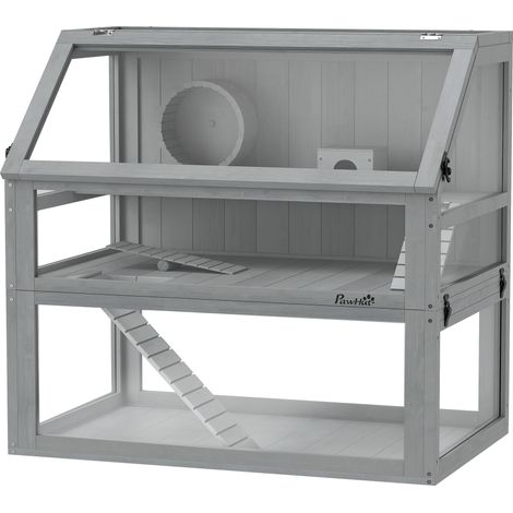 Hamsterbur en bois gris clair, 3 étages avec sous-sol profond, étages amovibles, pour rongeurs, 80x50x76 cm (1/5)