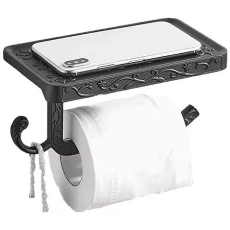 SABIR Porte-rouleau de papier noir avec étagère de rangement pour téléphone, porte-papier toilette en aluminium Vintage pour salle de bain noir (1/5)