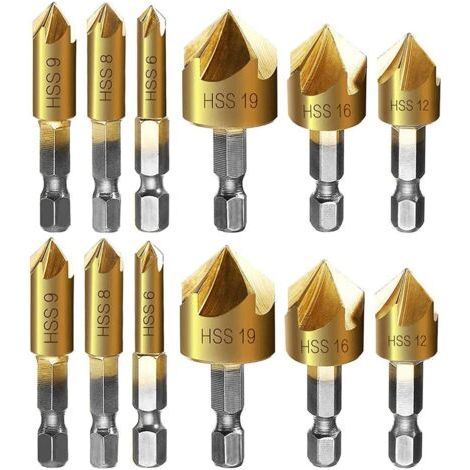 Fraise à chanfreiner metal 12 Pcs queue hexagonale poinçon de centrage automatique forets à chanfreiner, 6mm 8mm 9mm 12mm 16mm 19mm (1/5)