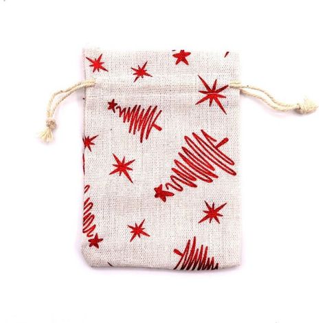 Sacs en lin, lot de 10, sacs en jute avec cordon de serrage, imprimé Motif étoile en ruban, sacs cadeaux de Noël, sacs cadeaux suspendus, flocon de neige, rouge, 13×18cm (1/5)
