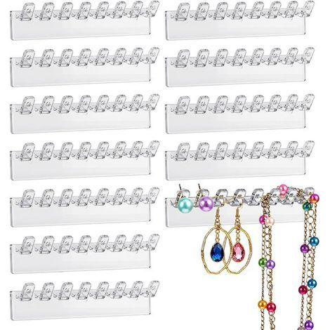 Schmuckhalter aus Acryl – 12er-Set – Selbstklebende Halskettenhalter 9,5 x 1,5 x 1,5 cm mit 96 Haken – Transparent (1/5)