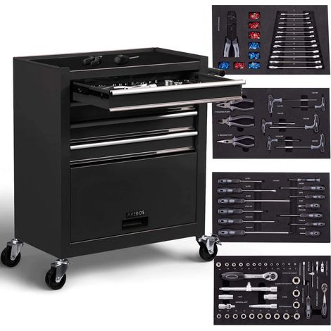 Arebos – Chariot d'atelier 4 tiroirs avec 81 outils – Acier robuste – Roues pivotantes avec frein – Tiroirs à roulement à billes et tapis antidérapants