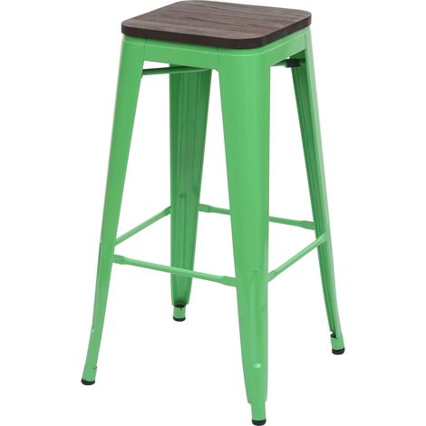 Taburete de bar silla alta asiento de madera con reposapiés diseño industrial apilable verde metal 040005244
