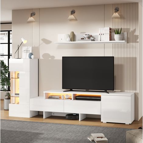 Set di mobili per soggiorno, con illuminazione LED, mobile TV moderno (da terra e a muro), ante in acrilico, pannello in vetro, bianco (1/5)