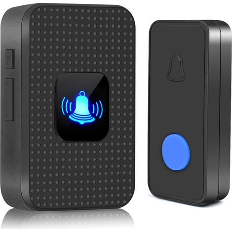 BEBUSINGOTO Sonnette sans Fil,Mini Sonnette de Porte IP55 Exterieur Étanche Kit de Carillon Electronique Portée 300M, 55 Mélodies au 5 Niveaux Volumes, LED Bleu pour Maison Bureau Hôtel Urgence, Noir (1/5)