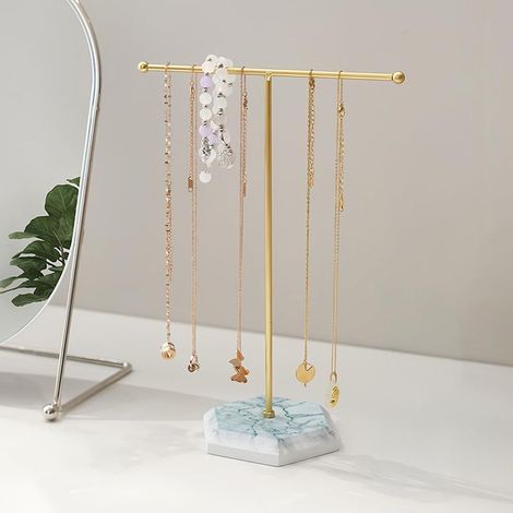 Porte Bijoux Presentoir,25.5 cm Présentoir à Bijoux,Organisateur de Collier,Porte-Bijoux en Métal à Forme en T,Porte Collier,Support Rangement Bijoux pour Pendentifs,Bracelets,Boucles D'oreilles (Or) (1/5)