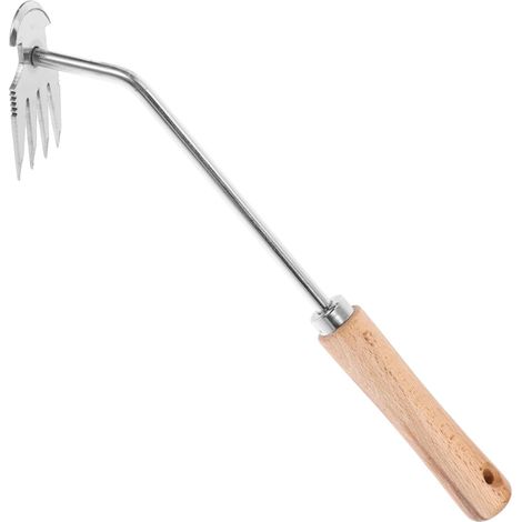 Désherbeur Manuel Robuste à 4 Dents en Acier Inoxydable  Manche en Bois, Pointes Fourchues en V, Finition Polie, Outil de Jardinage Argenté pour Arrachage Précis (1/5)