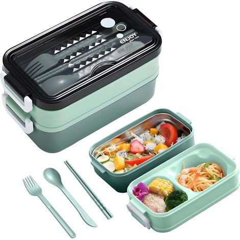 Bento box verde con ciotola per zuppa, senza BPA, scomparti a tenuta stagna e posate, porta pranzo di lusso per adulti e bambini