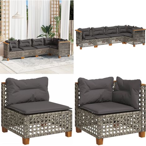 Salon de jardin 5 pcs avec coussins gris résine tressée - Salon De Jardin - Canapé Extérieur - Meuble De Jardin - Set Salon De Jardin - Résine Tressée - Home & Living