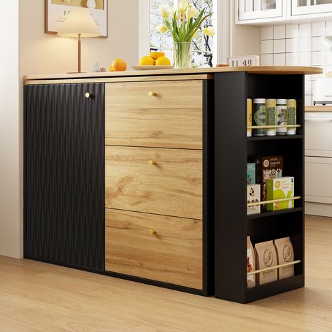 Ilot cuisine 138 à 204 x 39 x 104 cm, buffet de cuisine, plateau extensible, élément pivotant à 360°, rangements intégrés, MDF, noir (1/5)