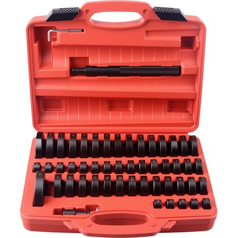 52-piece set including mounting discs for wheel bearings, seals, bushings, rubber seals, pullers, and pressure pieces, for pressing 18–65 mm (1/5)
