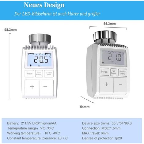 Intelligenter, vernetzter Thermostat-Heizkörperventilkopf, programmierbarer, WLAN-fähiger Heizkörperventilkopf, erweiterbar, kompatibel mit Alexa/Google Home und Smart Life/Tuya App.