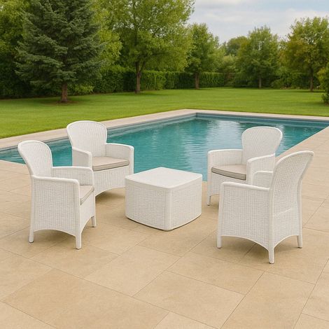 Dmora - Conjunto de salón para exterior Sulzano, para interior o exterior, 4 sillones con reposabrazos y mesa auxiliar, fabricado en Italia, color blanco (1/3)