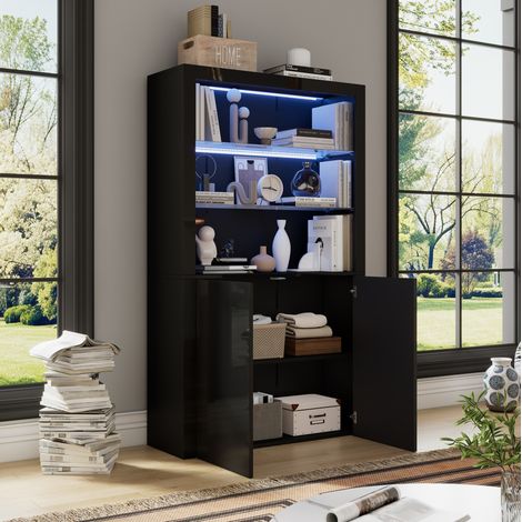 Vitrina MEUBLIV 100x35x170 cm negra brillante con LED, 2 estantes de cristal y 2 puertas (1/5)