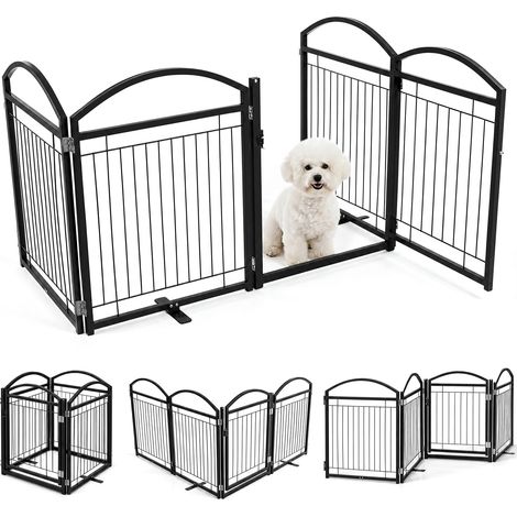 Barrière Chien Pliable en Métal 4 Panneaux 240x81cm Parc Enclos de Sécurité pour Animaux avec Charnières 360°, Fixation Murale, Noir (1/5)