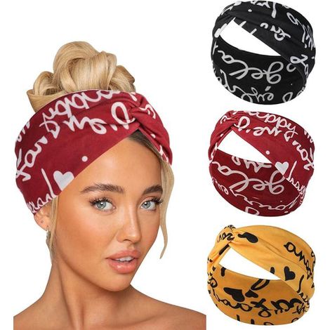 Bandeaux sport femme lot de 3 (rouge, jaune, noir), serre-tête yoga élastique rétro à lettre simple, bandeau cheveux pour femme et fille (1/5)