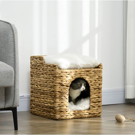 Nicho para gato de jacinto de agua trenzado a 2 niveles con cojines, marrón, hasta 5 kg OKMYHOME (1/5)