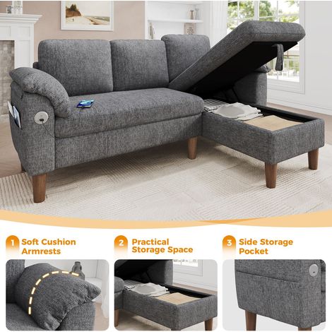 Canapé 3 Places avec rangement chaise longue réversible port de charge USB-C poche latérale 2 coussins d'accoudoirs semi-fermes (1/3)