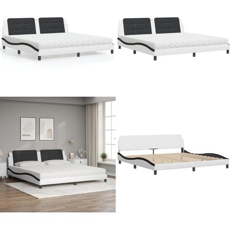 Lit avec matelas Zadar blanc et noir 200x200 cm similicuir - Matelas en mousse - Coussin de tête de lit (1/5)
