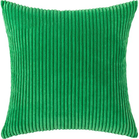 Set of 2 Striped Corduroy Square Cushion Covers for Sofa (18", Dark Green)