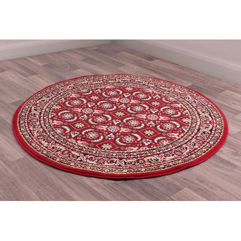 Traditional Poly Esta Bordered Classical Floral Red Rug Floor Mat Carpet Circle 120 x 120 cm (4x4') Round (1/4)